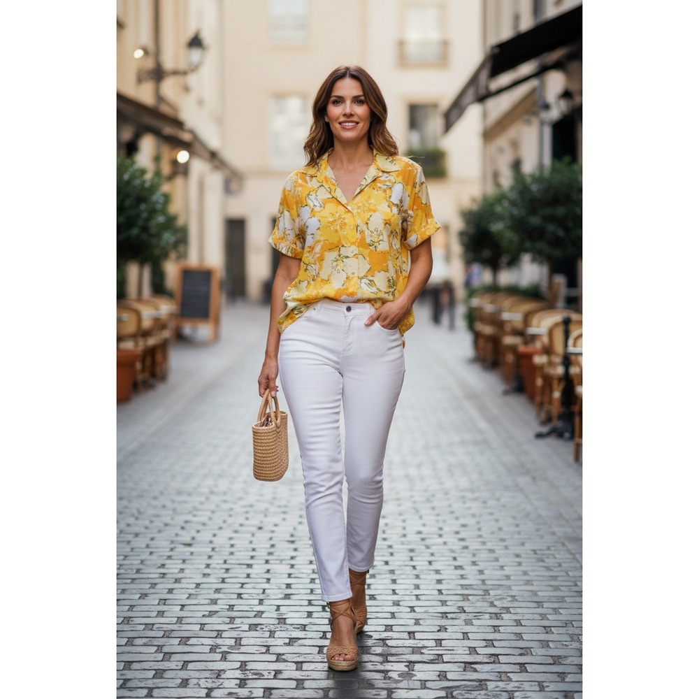 Faithfull The‎ Brand Yellow Floral Linen Button Down Shirt Short Sleeve M/L $229
